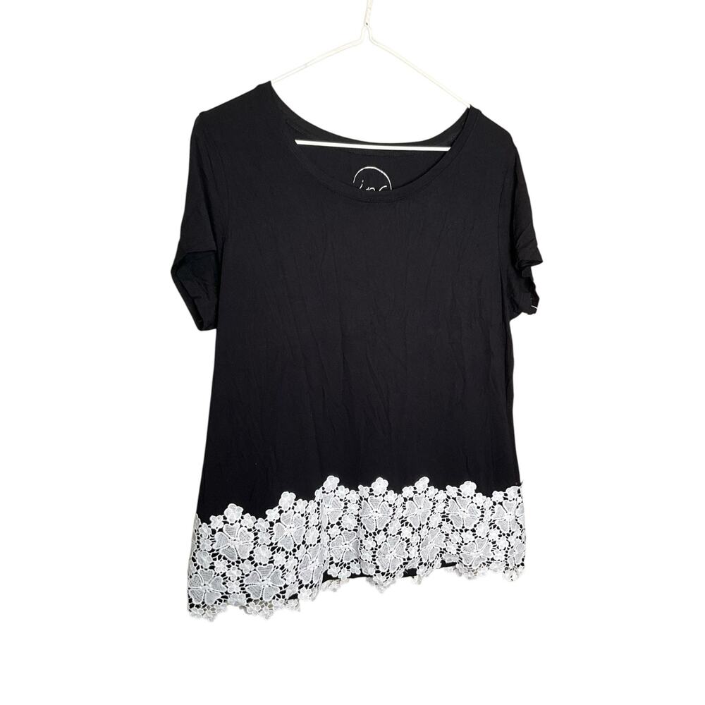 INC Floral‎ Trim Top Short Sleeve Scoop Neck Stretch Black/White Womens Sz M NEW
